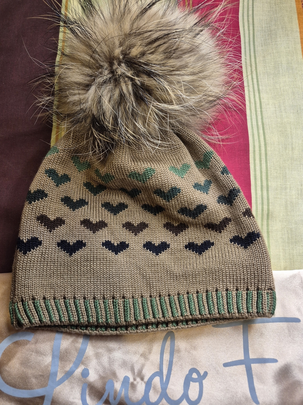Lindo F Brown & Green Heart-Pattern Knit Beanie with Fur Pom